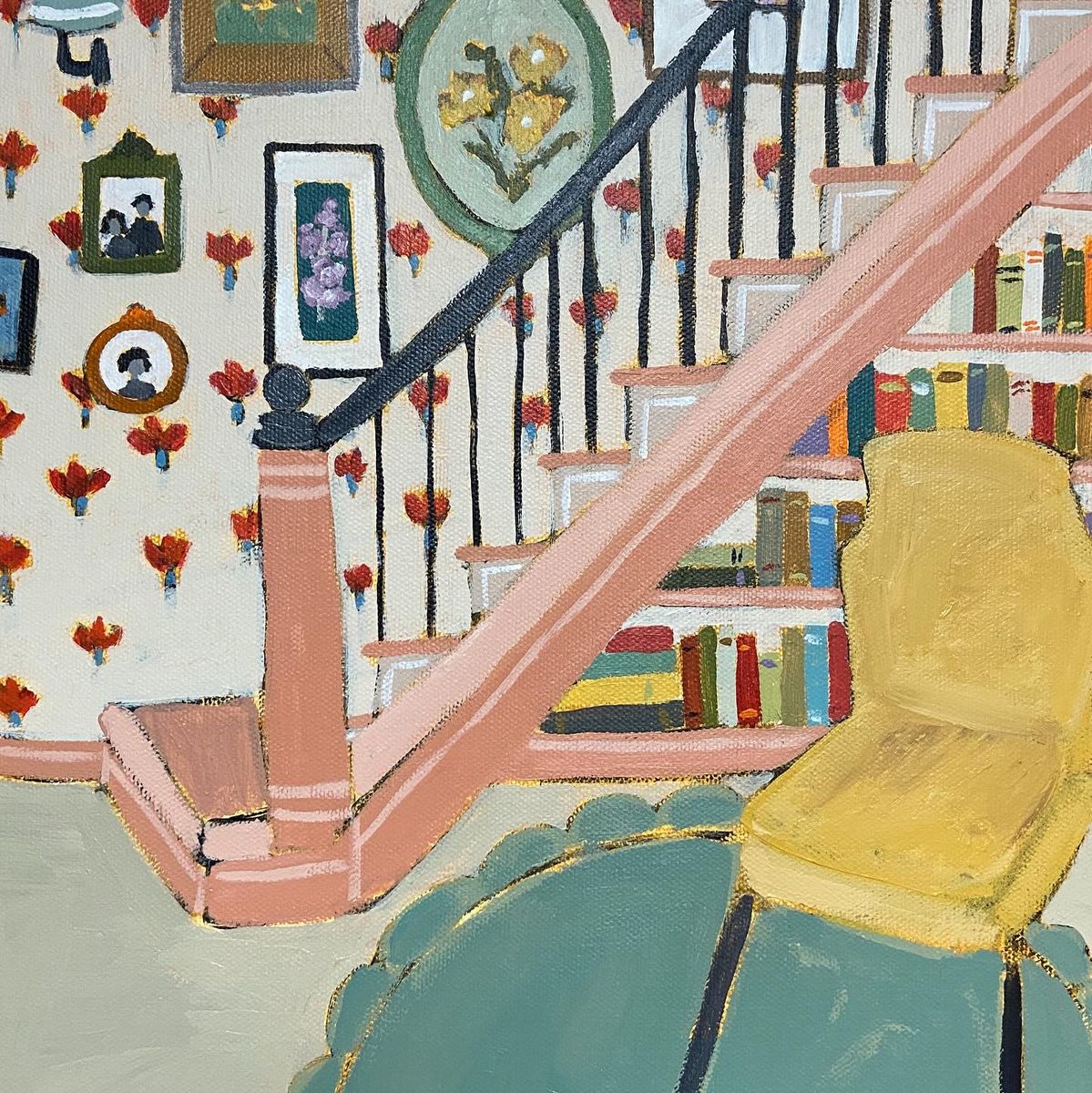 Painted interior scene with staircase, yellow chair, teal sofa, and books