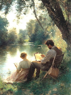Painting of a man and young girl sitting by a river under trees in soft sunlight