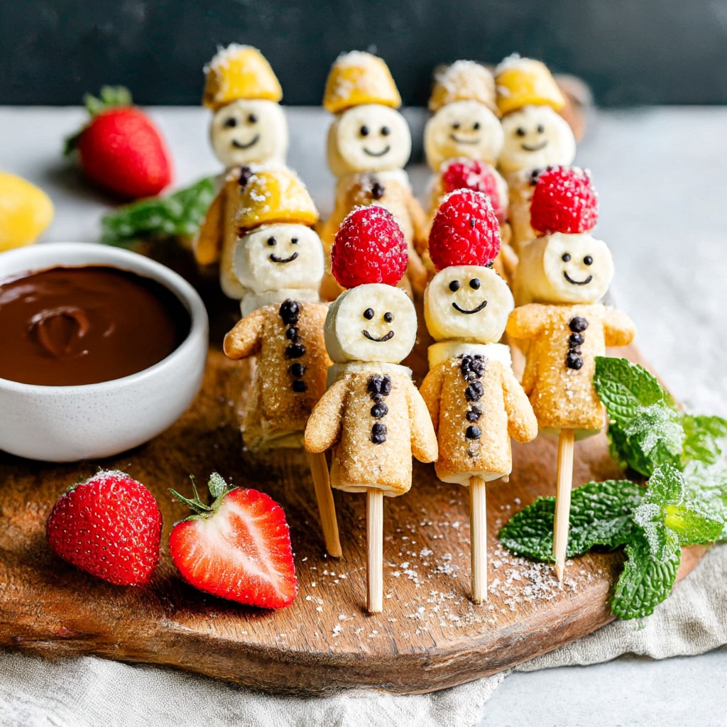 Banana strawberry fruit skewers decorated as smiling characters with chocolate dip