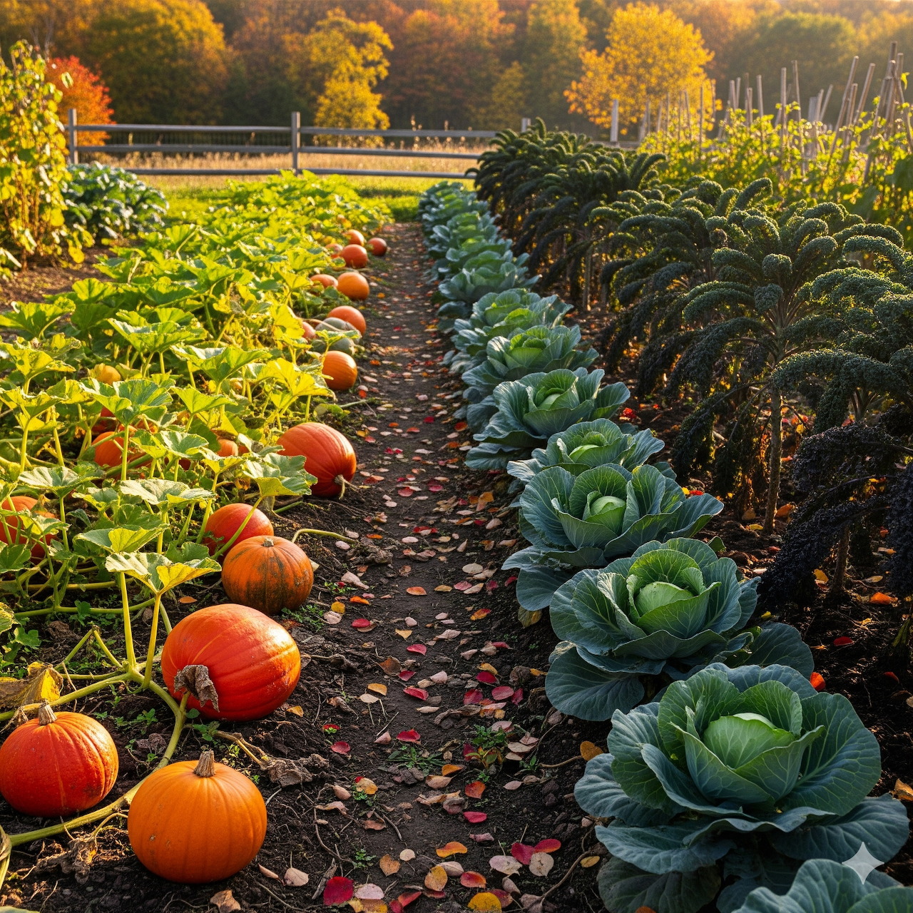 Garden path between rows of pumpkins and cabbages in autumn with colorful fall foliage