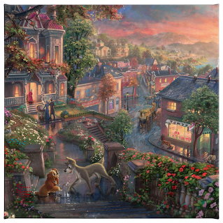 Lady and the Tramp in a romantic village street scene at sunset with flowers and glowing houses