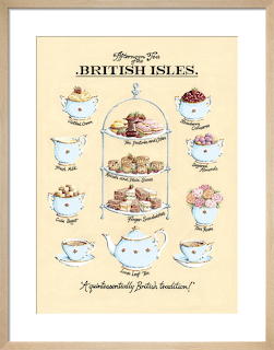 Vintage illustration showing British afternoon tea with tiered stand, teacups, cakes and pastries