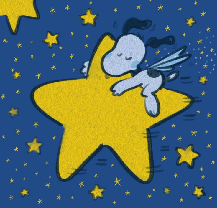 Snoopy resting on a big yellow star in a starry night sky