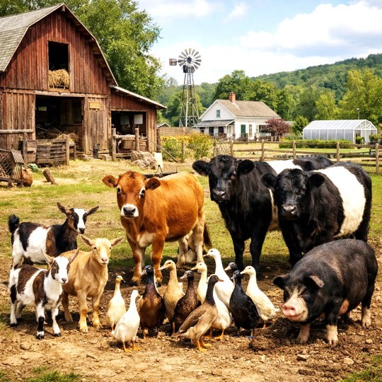 Collection of farm animals including cows, pigs, goats, and poultry in front of a red barn and farmhouse
