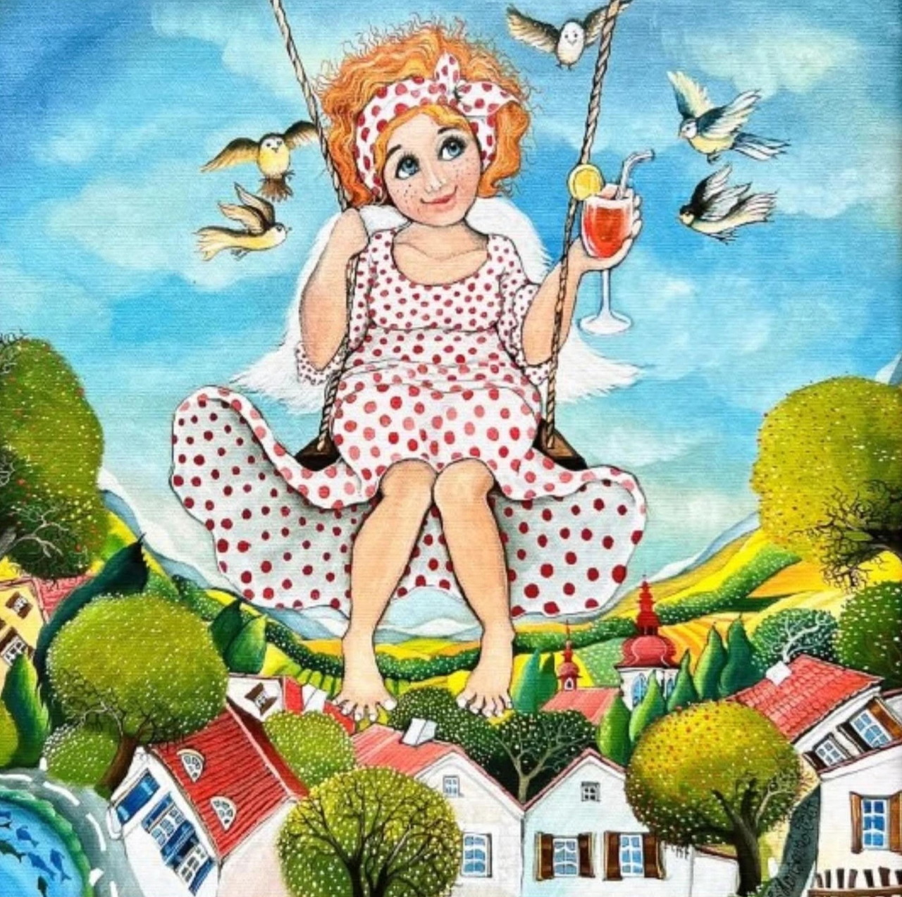 Painting of a little girl on a swing above village houses with birds in the sky