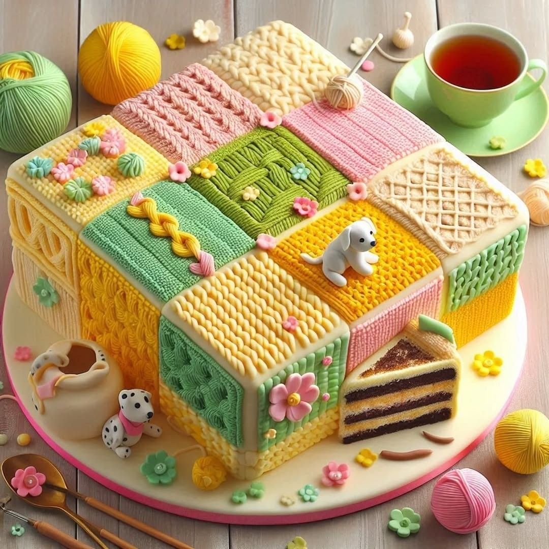Whimsical house-shaped cake with knitted patchwork squares, miniature animals, and tea cup decorations in pastel colors