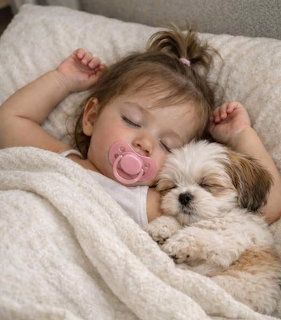 Sleeping baby with a pacifier cuddling a fluffy puppy under a blanket