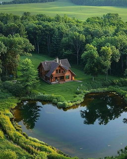 Wooden cabin beside a tranquil lake surrounded by green trees and grassy hills.