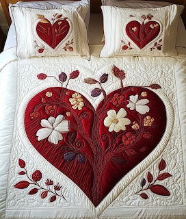 Cream quilt and pillows featuring red heart with white floral appliqué and embroidered branches