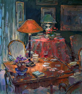 Impressionist painting of card table with lamp and flowers in dim interior room