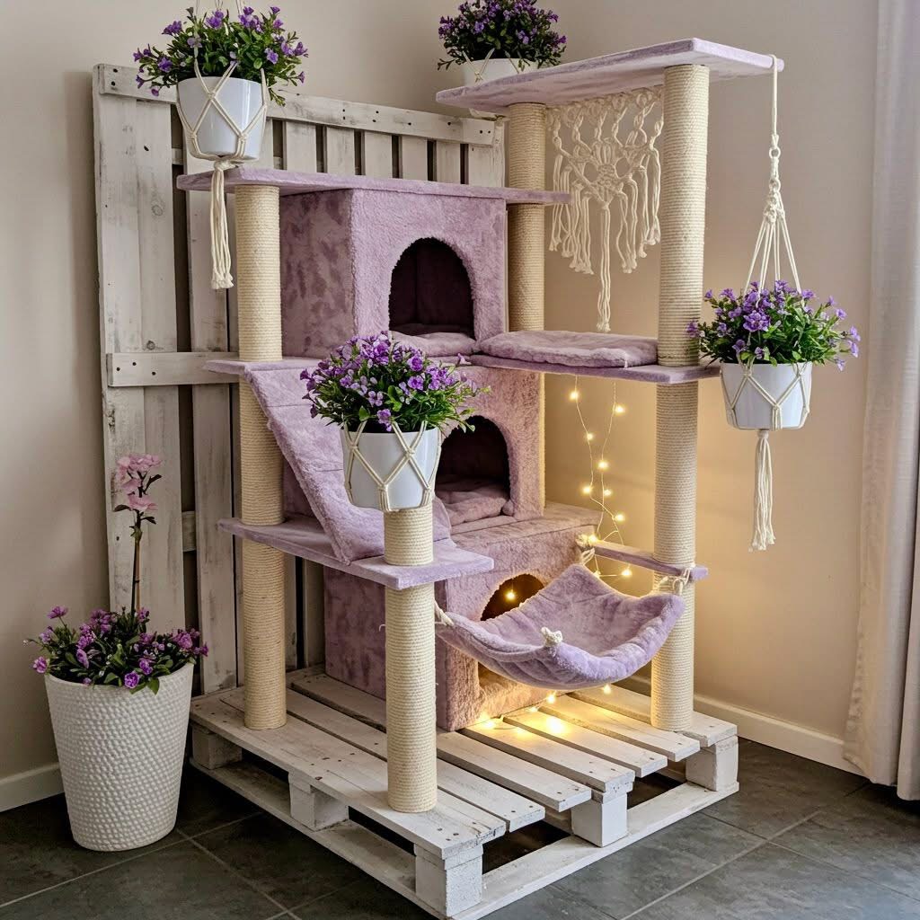 Three-tier wooden cat tower with purple caves, hammock, fairy lights, and hanging plants