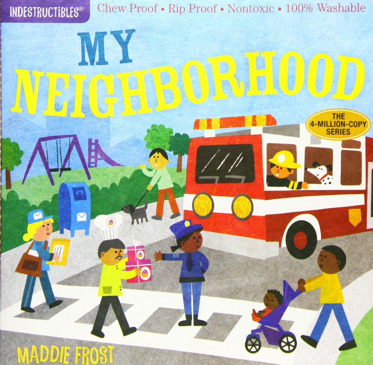 Illustrated children's book cover of diverse kids in a neighborhood with ice cream truck and playground