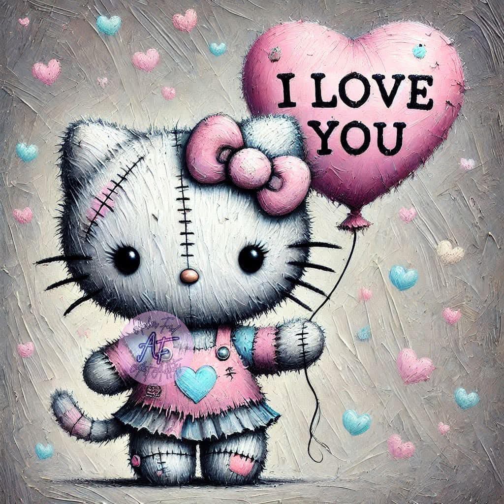 Hello Kitty holding pink heart balloon with I love you text surrounded by small hearts