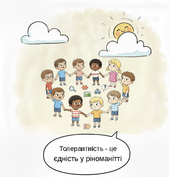 Illustration of diverse children forming a heart shape while holding hands under clouds and a smiling sun