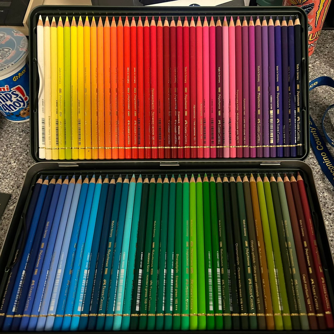 Polychromos colored pencils arranged by color in two rows inside an open tin case
