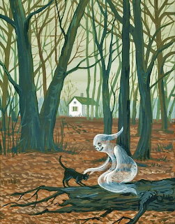 Illustration of a ghost and black cat walking through bare autumn woods with a white house in the distance