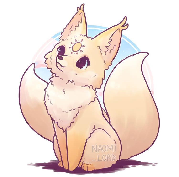 Cute cartoon fox with sun marking on forehead, fluffy cream fur and large bushy tail