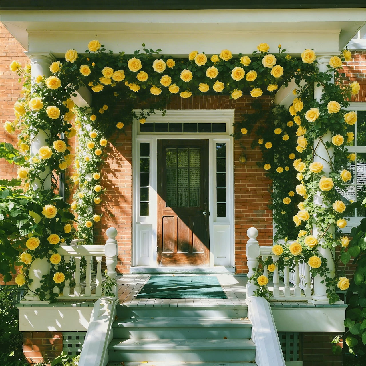 Sunlit house porch covered in yellow roses and green vines around a wooden front door