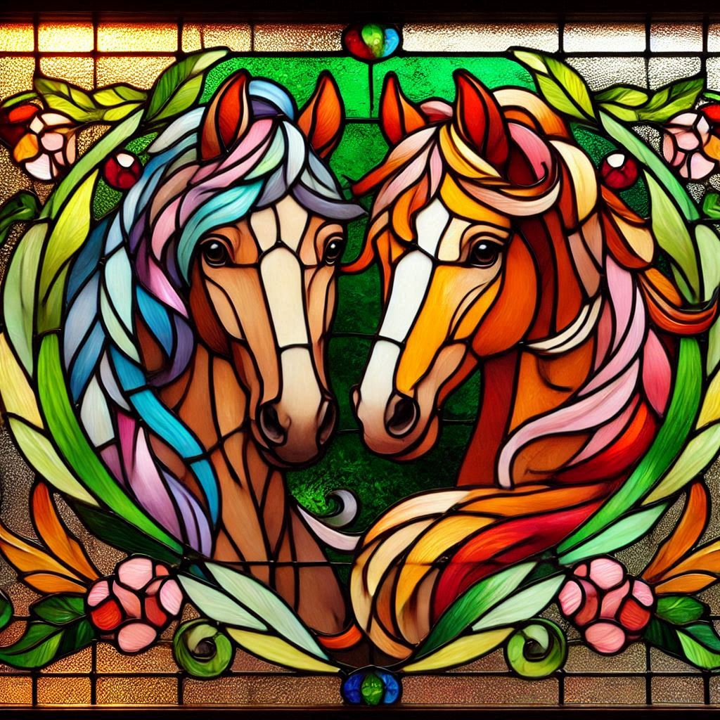 Two horses facing each other in colorful stained glass art style with decorative floral border