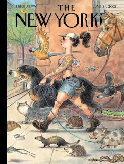 Woman jogging on city sidewalk surrounded by pigeons, rats, and squirrels, illustrated magazine cover art