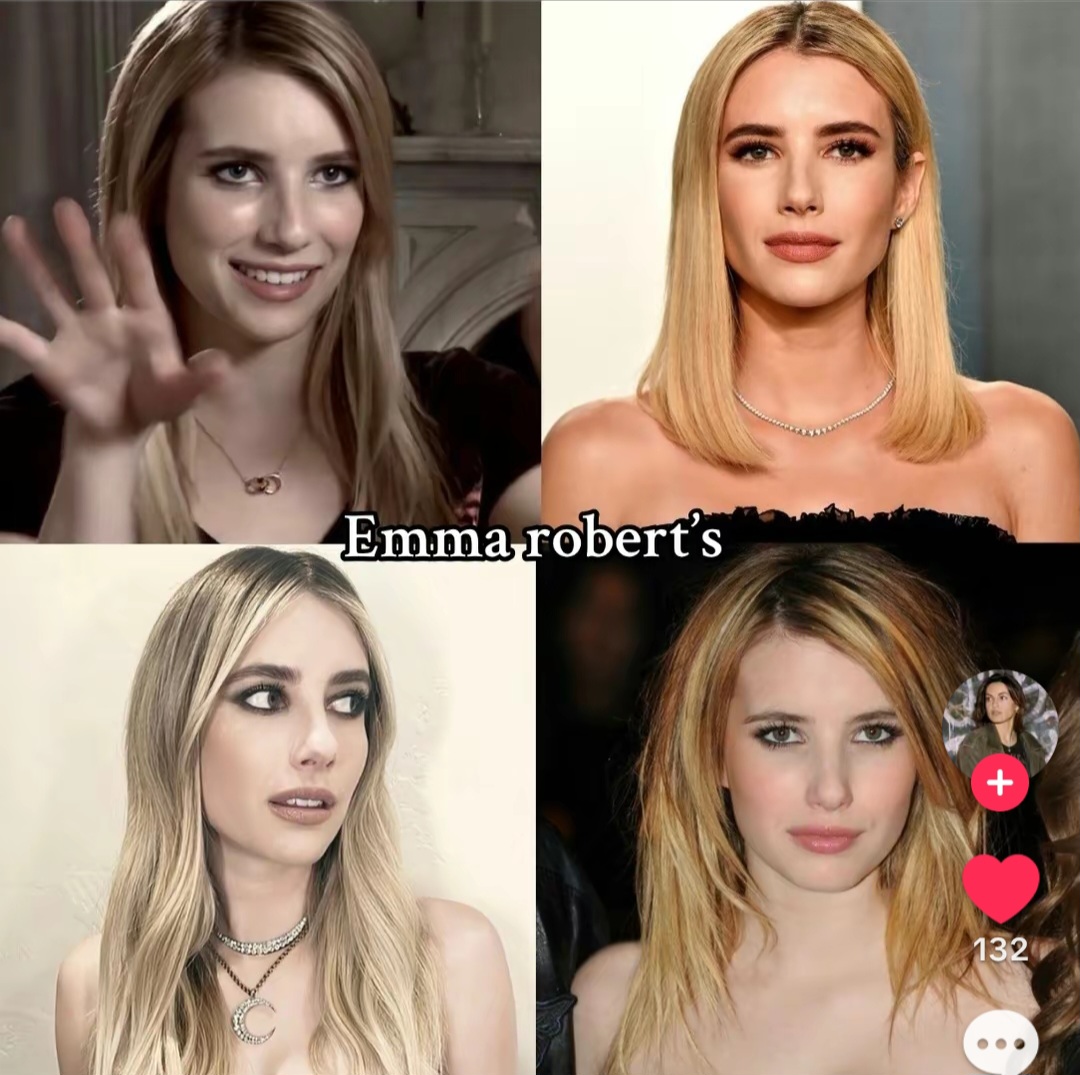 Square collage of four portrait photos of Emma Roberts with blonde hair