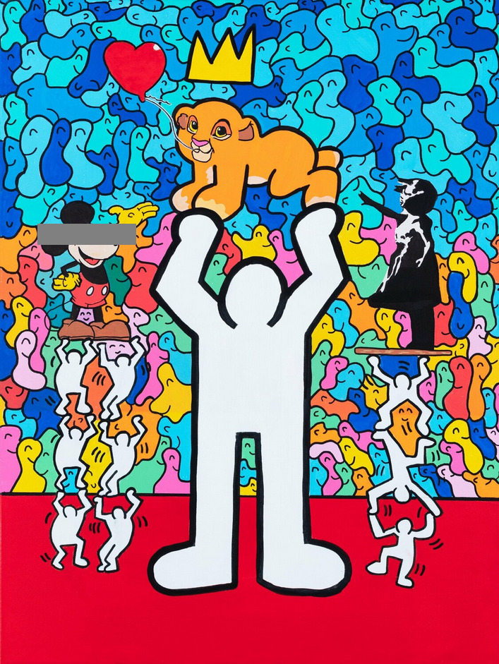 White figure lifting crowned lion with red balloon, colorful animals and mosaic pattern background