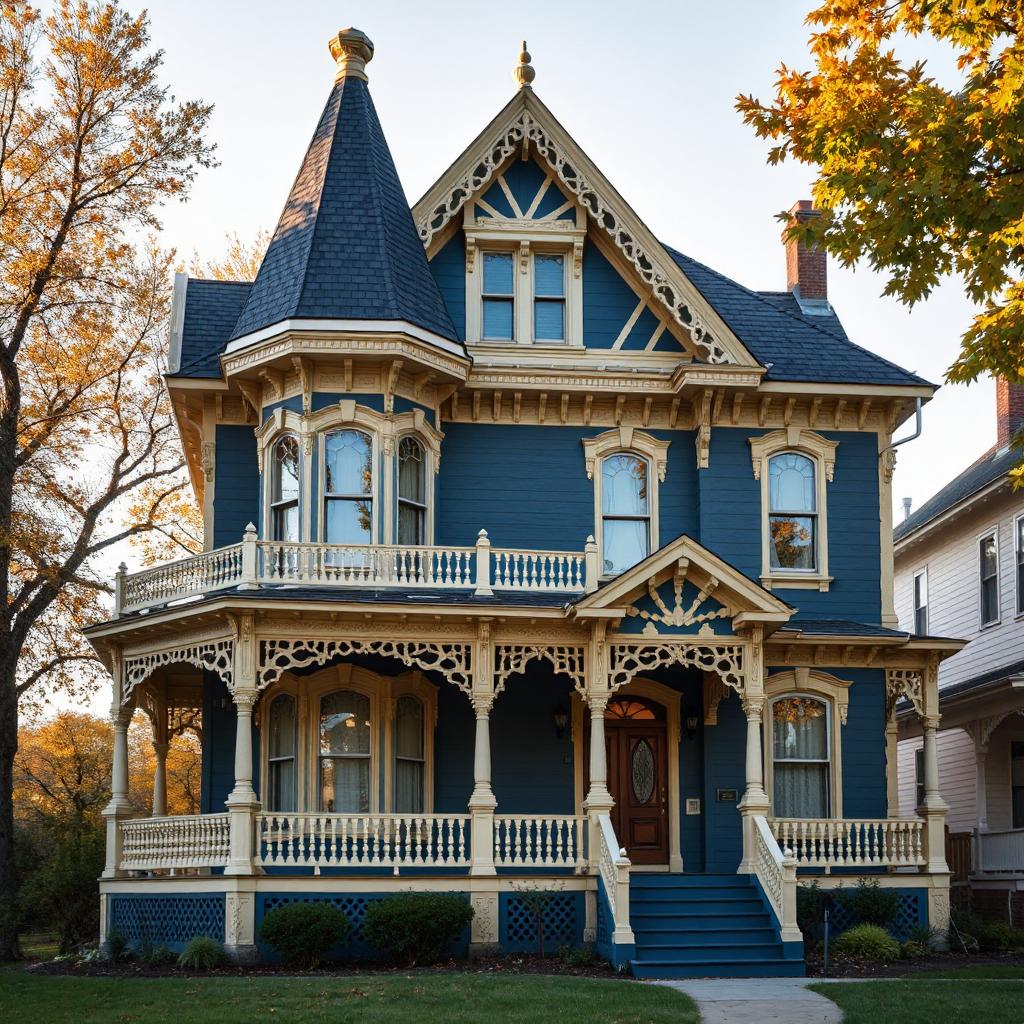 Blue Victorian house with white trim, turret, and wrap-around porches surrounded by fall foliage