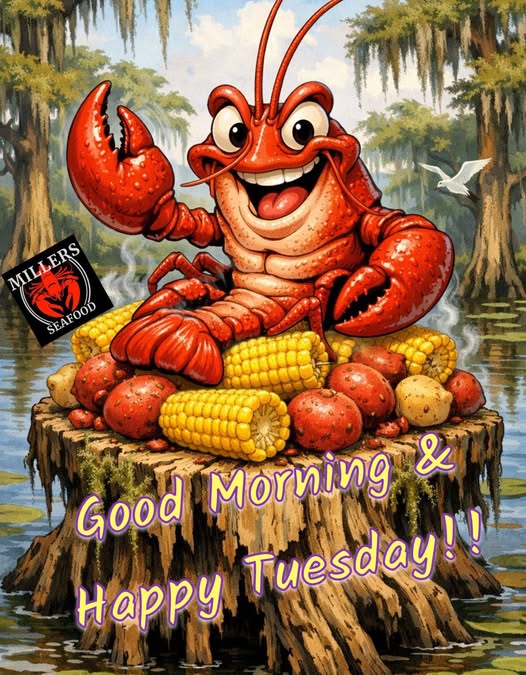 Smiling cartoon red crawfish on tree stump with corn and potatoes in a swamp, greeting text below