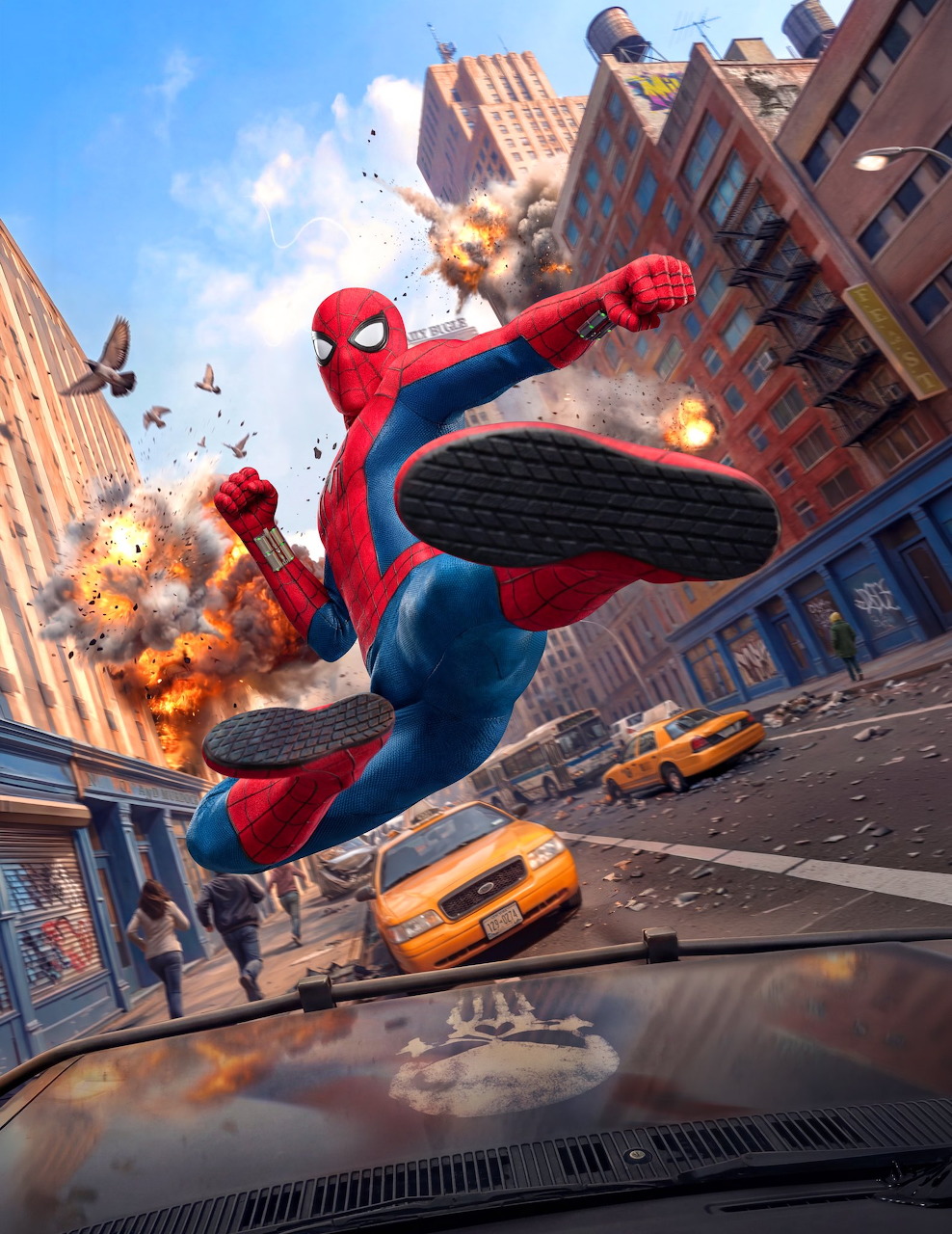 Spider-Man jumping mid-air over a city street with explosions and yellow taxis behind him
