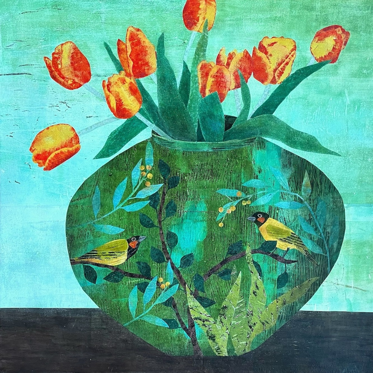 Painting of tulips in vase with birds and tropical leaves on teal background