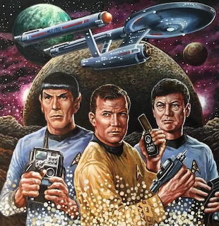 Painted Star Trek poster with Spock, Kirk, McCoy, the USS Enterprise, and planets in space