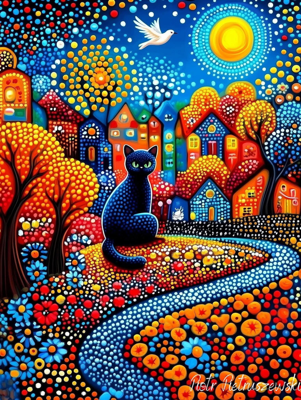Black cat silhouette on colorful dotted path with fantasy village houses, moon, stars, and white dove in pointillist style