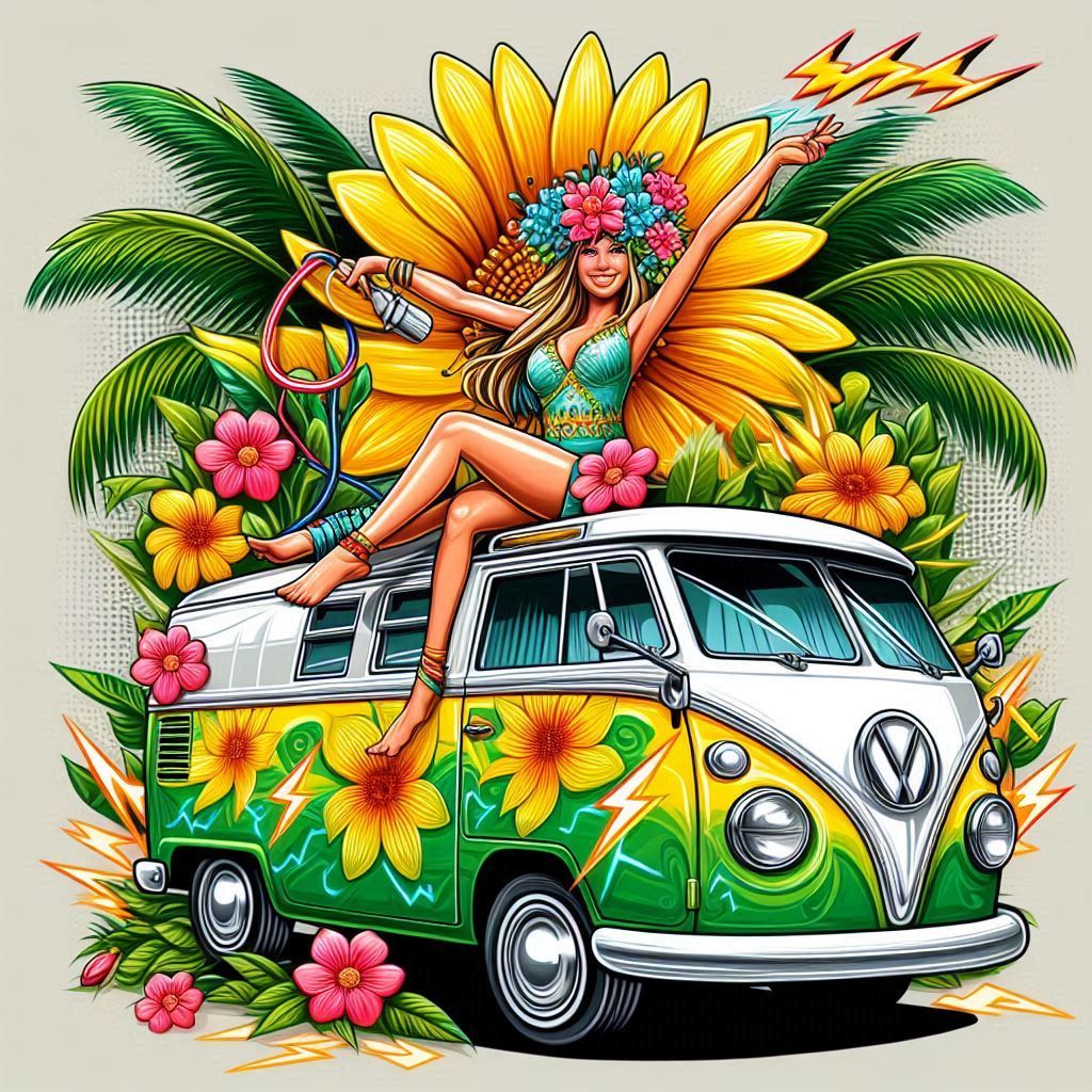 Illustrated woman with flower crown sitting on a vintage VW van among sunflowers and tropical flowers