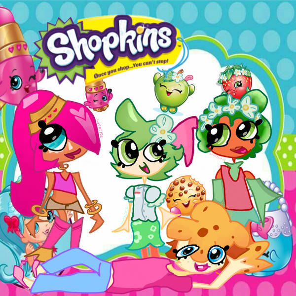 Cute cartoon Shopkins characters with big eyes on turquoise polka dot background