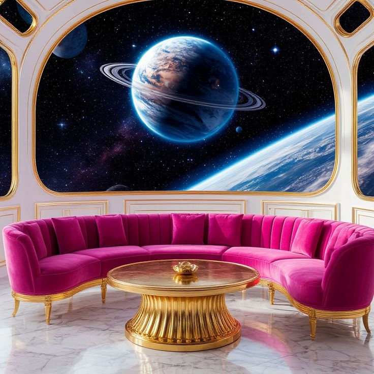 Futuristic lounge with magenta sofa and gold table overlooking a planet with rings through panoramic window