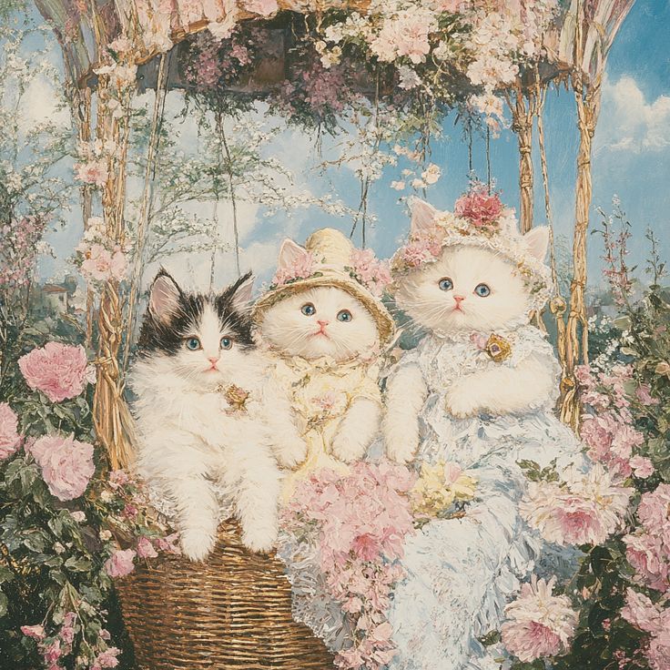 Vintage painting of three fluffy kittens in a flower-filled basket swing