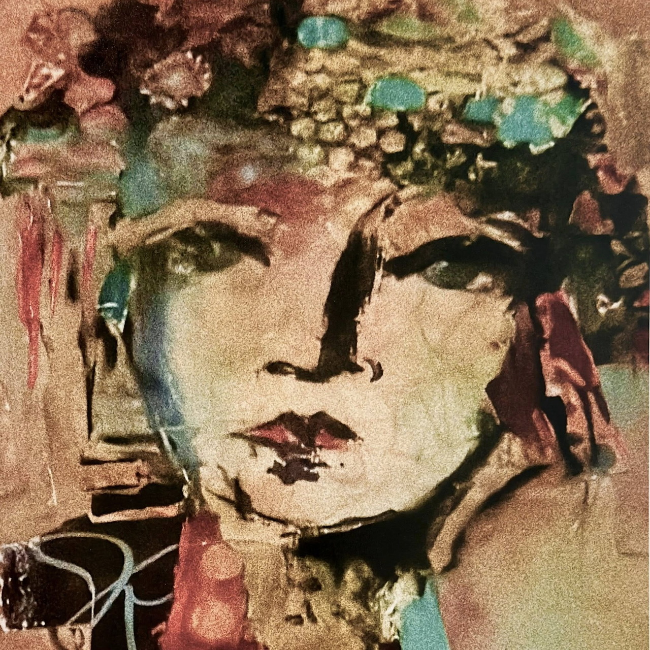 Abstract portrait of woman with floral headpiece in collage style with turquoise, pink and earth tones