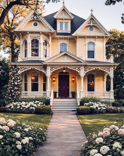 Yellow Victorian house with white trim, front porch, turret, and white hydrangea garden