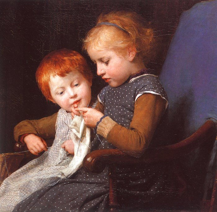 Painting of two young children sitting together and handling a piece of white fabric