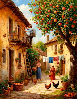 Painting of sunny Mediterranean village with orange tree, woman in red, chickens, and rustic stone buildings