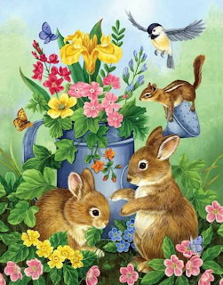 Illustration of two bunnies near a watering can with colorful flowers, a chipmunk, bird, and butterflies