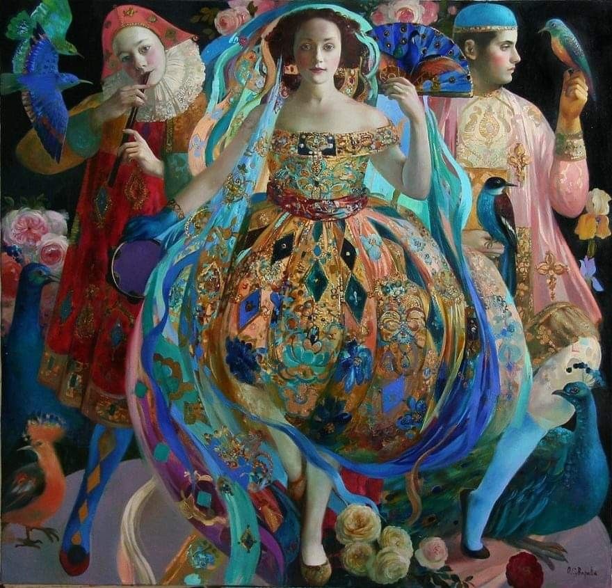 Colorful painting of three elaborately dressed women with flowing ribbons and ornate details