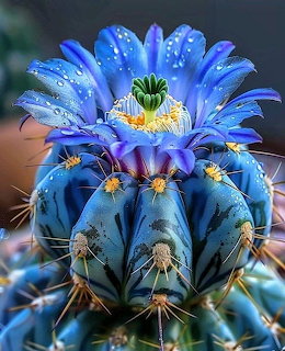 Blue cactus with a bloming blue and purple flower covered in water droplets