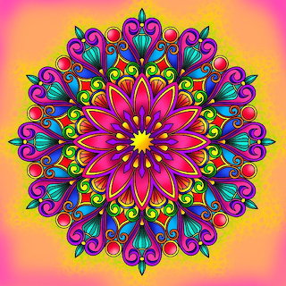 Colorful symmetrical mandala illustration on an orange background