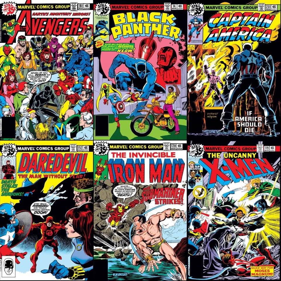 Grid of six colorful vintage Marvel comic book covers showing various superhero characters and action scenes