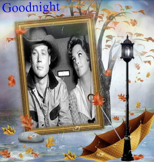 Autumn collage with a framed black-and-white portrait, umbrellas, leaves, street lamp, and Goodnight text