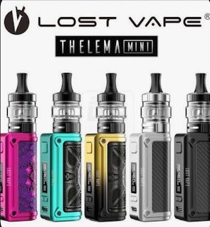 Row of five vape mod devices in pink, teal, gold, silver and black with tanks