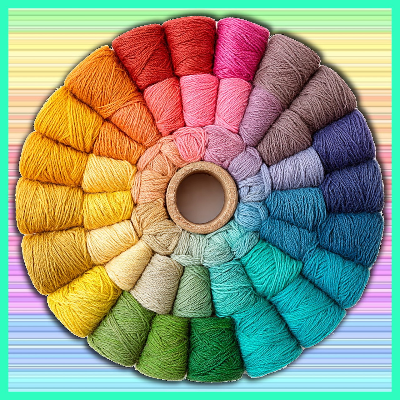 Rainbow color wheel made of yarn spools arranged in a circle