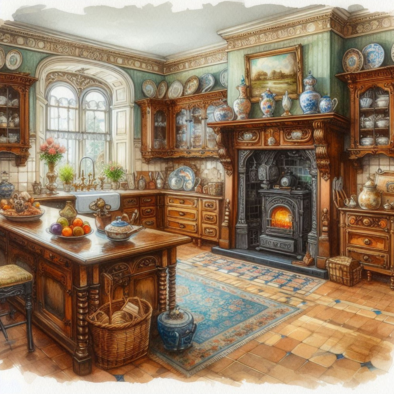 Warm country kitchen with wood furniture, fireplace, china display, and tiled floor