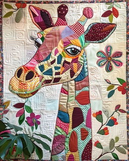 Patchwork quilt depicting a giraffe made from colorful fabric pieces with flowers on cream fabric background